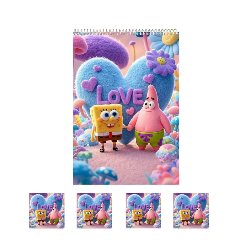 دفتر نقاشی 50 برگ مدل باب اسفنجی و پاتریک طرح کیوت کد 2 به همراه برچسب مجموعه 5 عددی