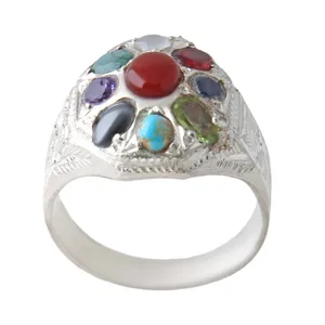 انگشتر نقره مردانه بازرگانی میلادی مدل هشت جواهر سنگ رکاب دست ساز کد AM_2186