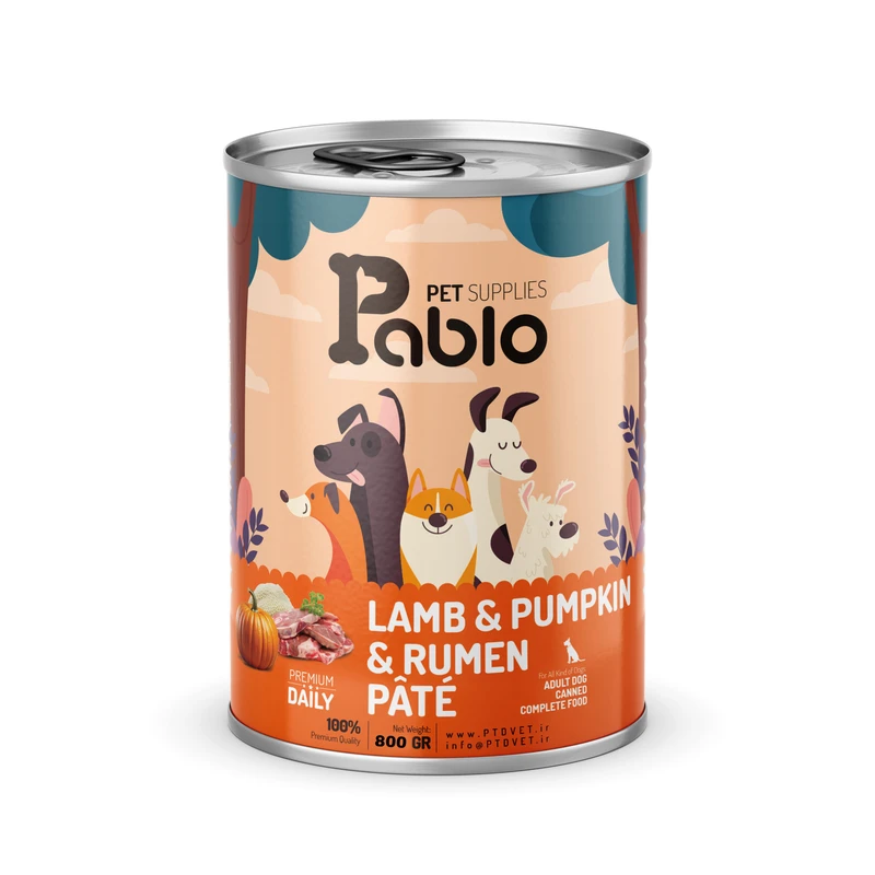 کنسرو سگ پابلو طعم گوشت بره، کدو تنبل و سیرابی مدل پته وزن 800 گرم