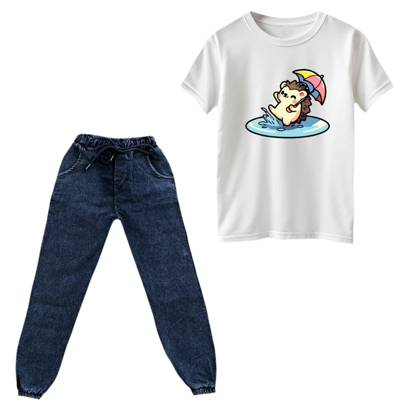 ست تی‌شرت و شلوار دخترانه مدل جوجه تیغی و چتر