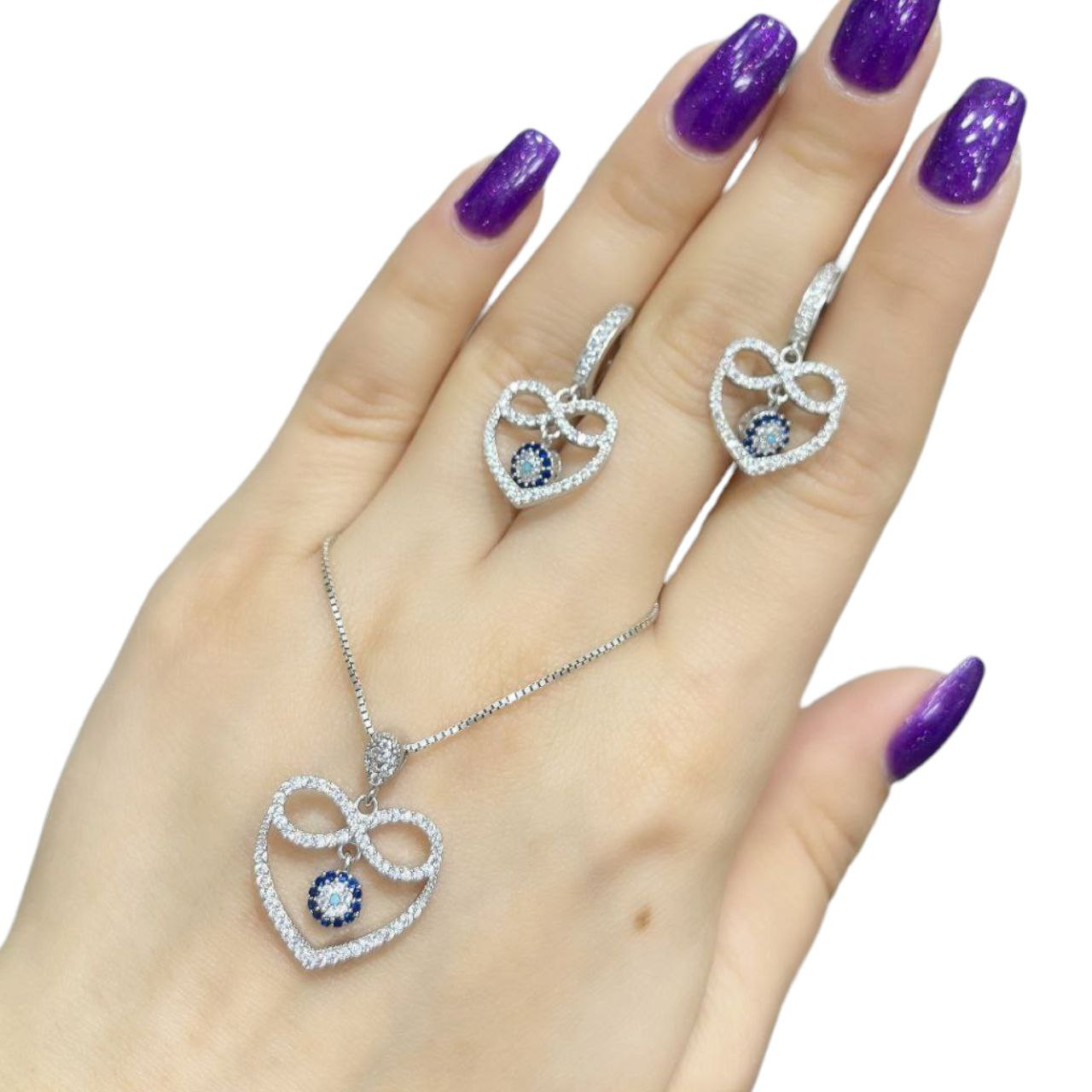 نیم ست نقره زنانه مدل چشم نظر قلب دار