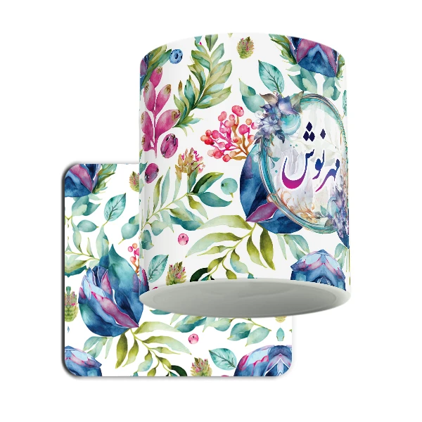 ماگ لاژید مدل اسم مهرنوش طرح گلدار به همراه زیرلیوانی