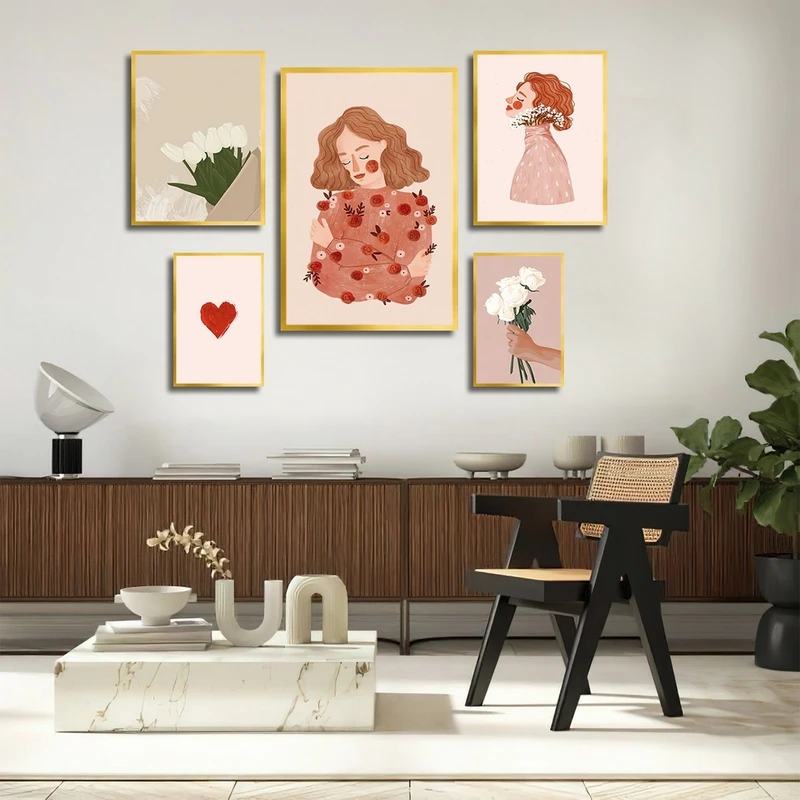 تابلو بکلیت طرح نقاشی مینیمال گل و قلب مدل T-2327 مجموعه 5 عددی