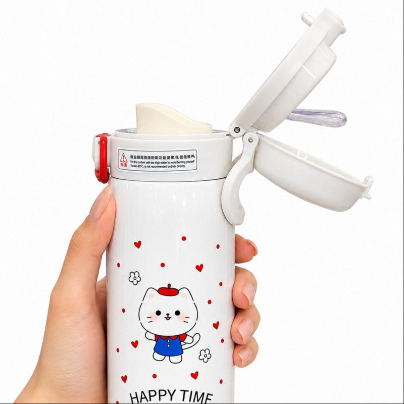 قمقمه کودک مدل گربه Happy Time دوحالته نی‌دار و آسان‌نوش دار soosoo07 گنجایش 0.50 لیتر