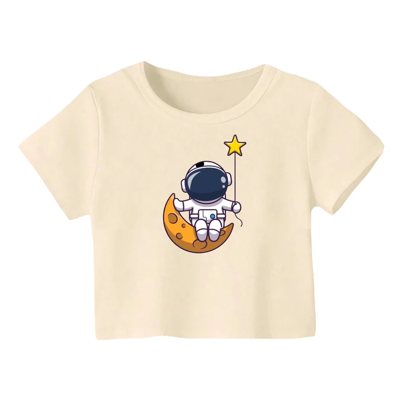 کراپ‌ تی‌شرت آستین کوتاه زنانه مدل فضانورد کد 14
