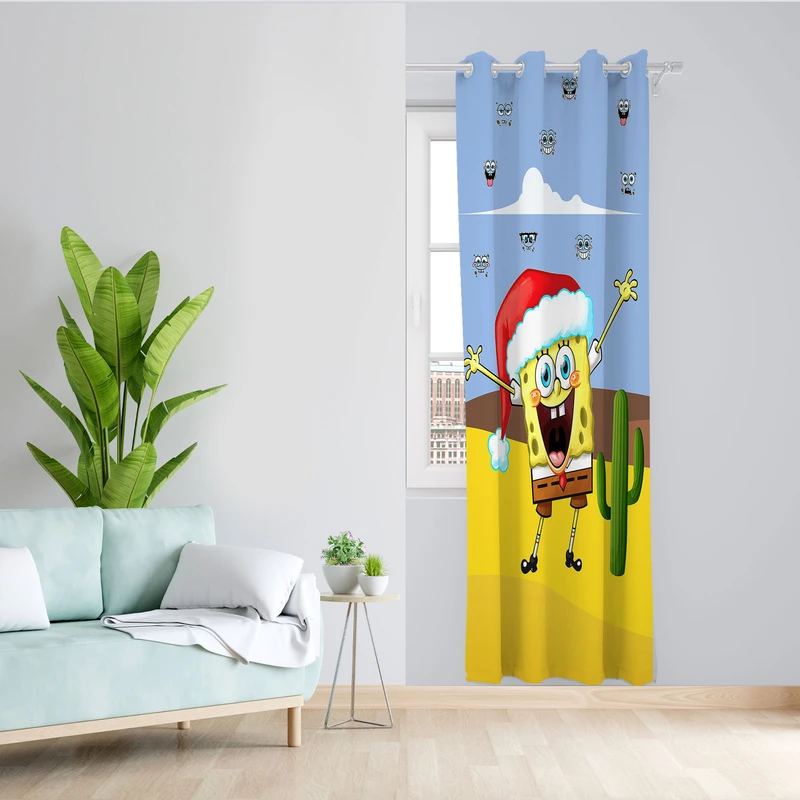 پرده مدل اتاق کودک مخمل پانچی طرح باب اسفنجی کد 4289 سایز 140x280 سانتی متر