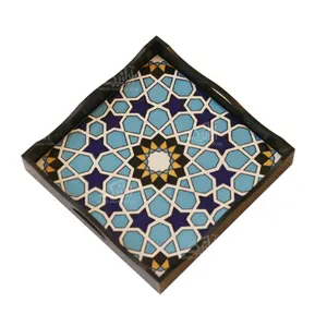 سینی و دیس چوبی‏ مربع‏ کاشی‏  ‏‏رنگ ‏مشکی‏ طرح ‏شمسه‏ مدل 1001100010