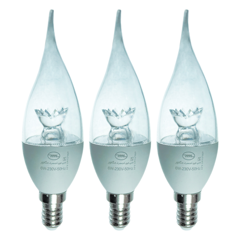 لامپ ال ای دی 6 وات مگانور مدل شمعی اشکی شفاف پایه E14 بسته 3 عددی