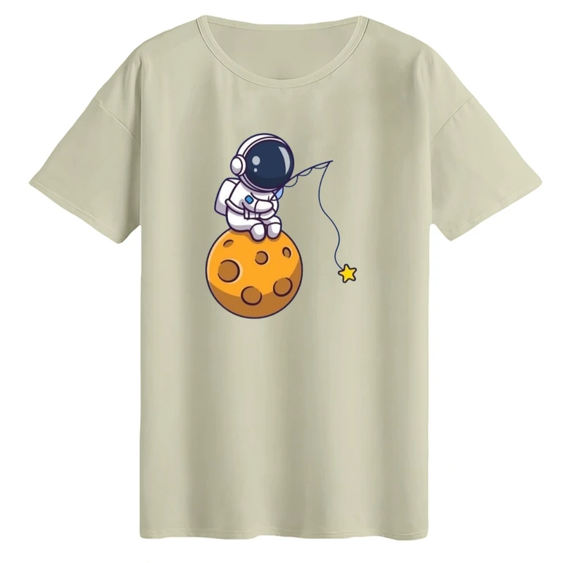 تی‌شرت لانگ آستین کوتاه زنانه مدل فضانورد و ماه کد۳ رنگ کرم