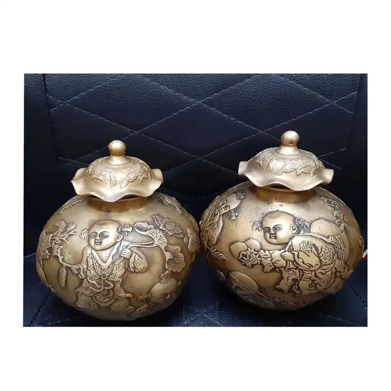 دکوری برنجی مدل چای دان طرح کودکان پرکار مزرعه بسته 2 عددی