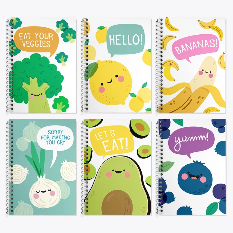 دفتر زبان 50 برگ خندالو مدل دو خط طرح سبزی و میوه کیوت کد 21 مجموعه 6 عددی