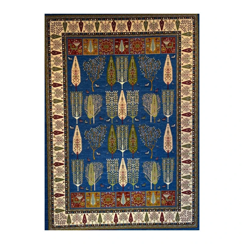 فرش ماشینی 700 شانه زمینه آبی حاشیه کرم مدل آکرولیک قشقایی تراکم 2100 کد 102 