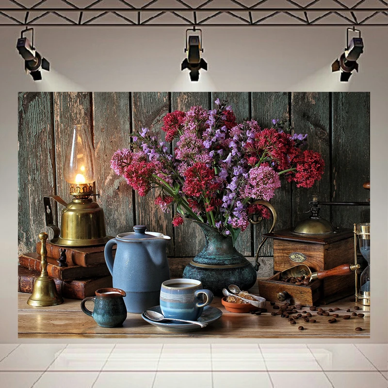 پوستر طرح کلاسیک مدل گلدان،چراغ قدیمی و قهوه کد AR15660