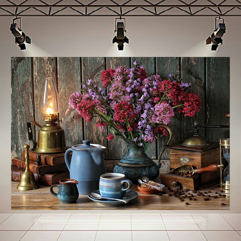 پوستر مدل بک لایت طرح کلاسیک گلدان ، چراغ قدیمی و قهوه