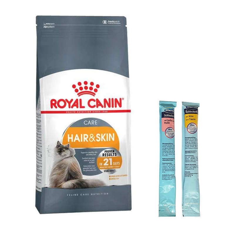 غذای خشک گربه رویال کنین مدل Hair and Skin وزن ۲ کیلوگرم به همراه بستنی گربه