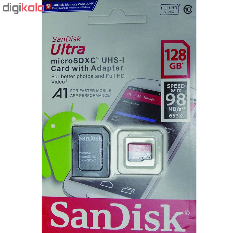 کارت حافظه microSDXC سن دیسک مدل Ultra A1 کلاس 10 استاندارد UHS-I سرعت 98MBps ظرفیت 128 گیگابایت به همراه آداپتور SD