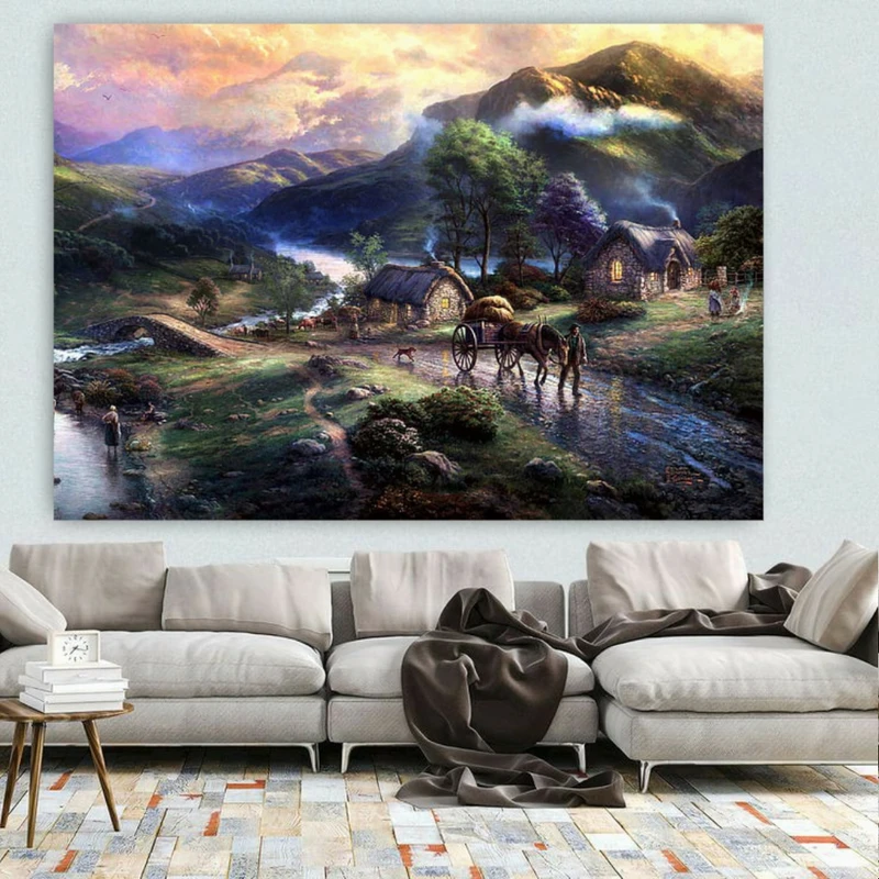 پوستر پارچه ای طرح مخمل کلبه سنگی مدل روستای بارانی کد BK24277