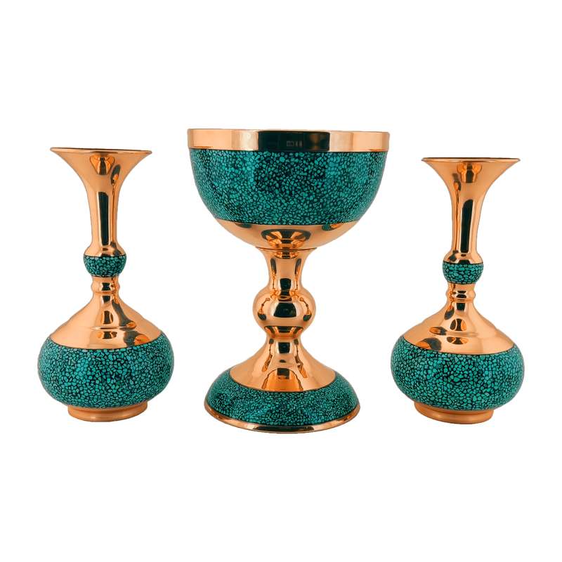 ست سه تکه سنگاب و گلدان فیروزه کوبی کد hf200