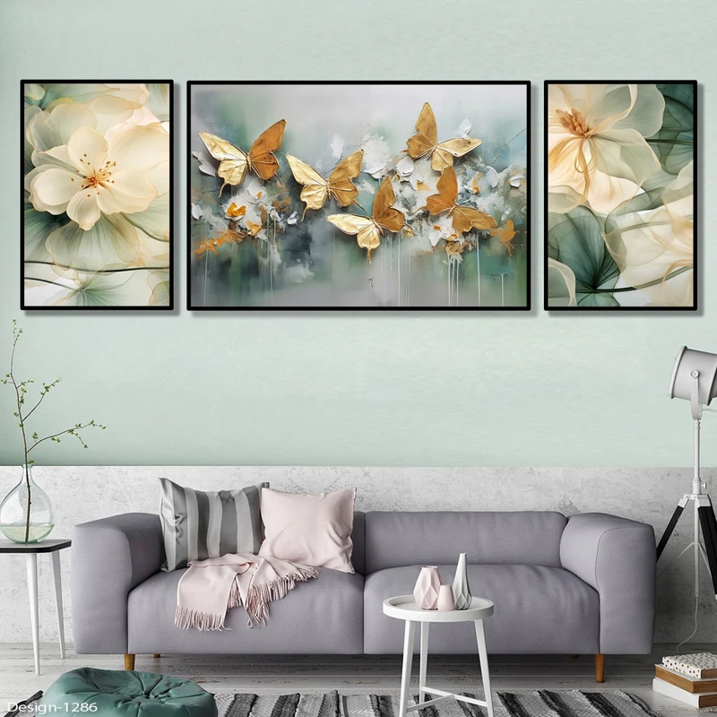 تابلو مدل دکوراتیو طرح گل و پروانه کد 390 فریم مشکی مجموعه سه عددی