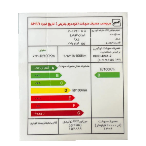 برچسب مصرف انرژی شیشه جلو خودرو وارون مدل P-709 مناسب برای دنا