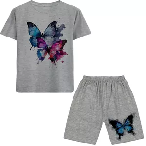 ست تی شرت آستین کوتاه و شلوارک دخترانه مدل پروانه N04