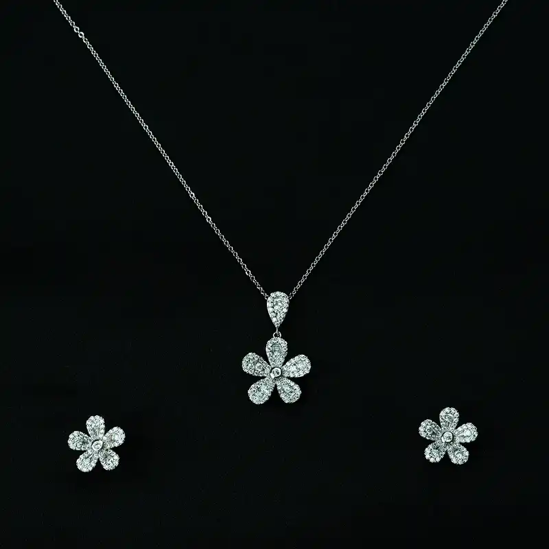 نیم ست زنانه مدل گل نگین دار رنگ نقره ای