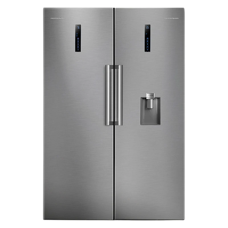 یخچال فریزر دوقلو پاکشوما مدل RTRA-RTFA901 iX (N1) سری Twin Peaks، دارای نمایشگر و بدون برفک، با ارتفاع 187، پهنای 118 و عمق 73 سانتی‌متر، میزان مصرف انرژی A+، دارای 5 طبقه در یخچال و 4 کشو در فریزر