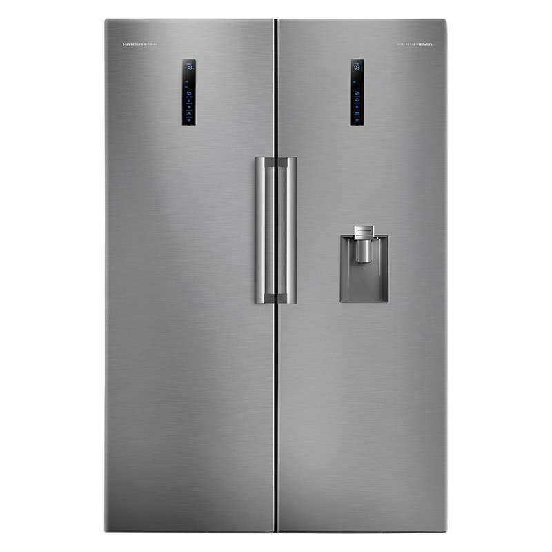 یخچال فریزر دوقلو پاکشوما مدل RTRA-RTFA901 iX (N1) سری Twin Peaks، دارای نمایشگر و بدون برفک، با ارتفاع 187، پهنای 118 و عمق 73 سانتی‌متر، میزان مصرف انرژی A+، دارای 5 طبقه در یخچال و 4 کشو در فریزر