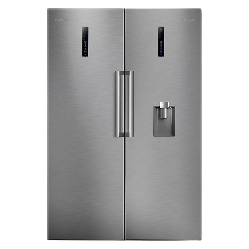 یخچال فریزر دوقلو پاکشوما مدل RTRA-RTFA901 iX (N1) سری Twin Peaks، دارای نمایشگر و بدون برفک، با ارتفاع 187، پهنای 118 و عمق 73 سانتی‌متر، میزان مصرف انرژی A+، دارای 5 طبقه در یخچال و 4 کشو در فریزر