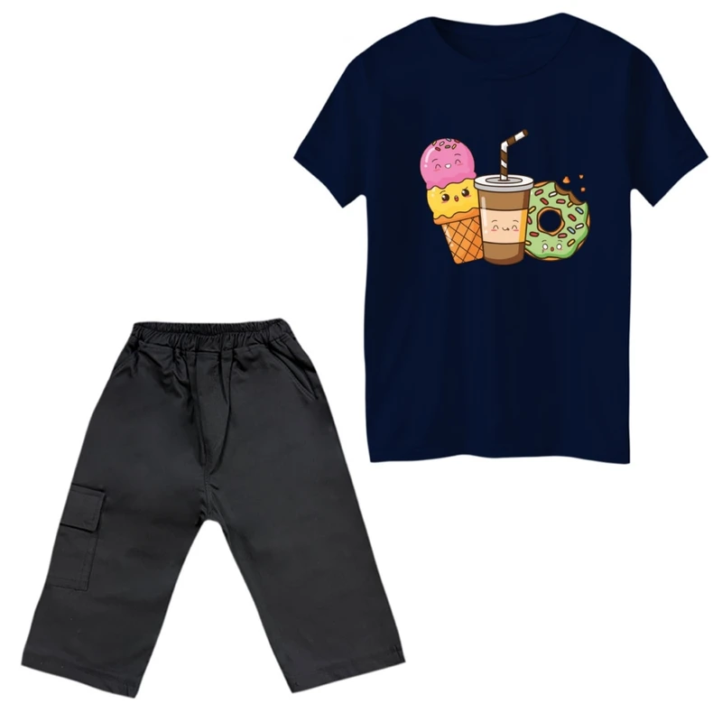 ست تی‌شرت آستین کوتاه و شلوارک دخترانه مدل دونات و بستنی رنگ سورمه ای