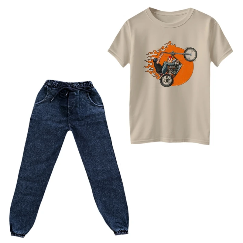 ست تی‌شرت آستین کوتاه و شلوار پسرانه مدل موتورسوار