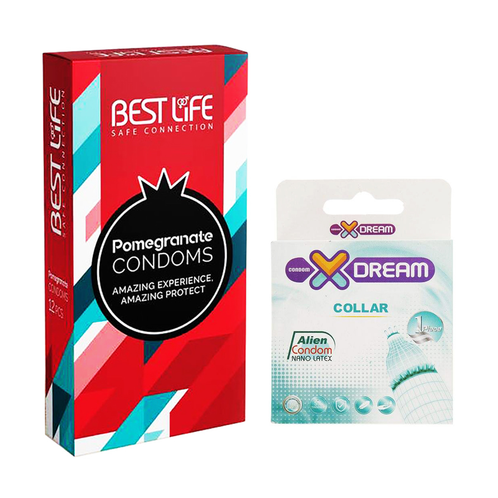 کاندوم بست لایف مدل Pomegranate بسته 12 عددی به همراه کاندوم ایکس دریم مدل Collar