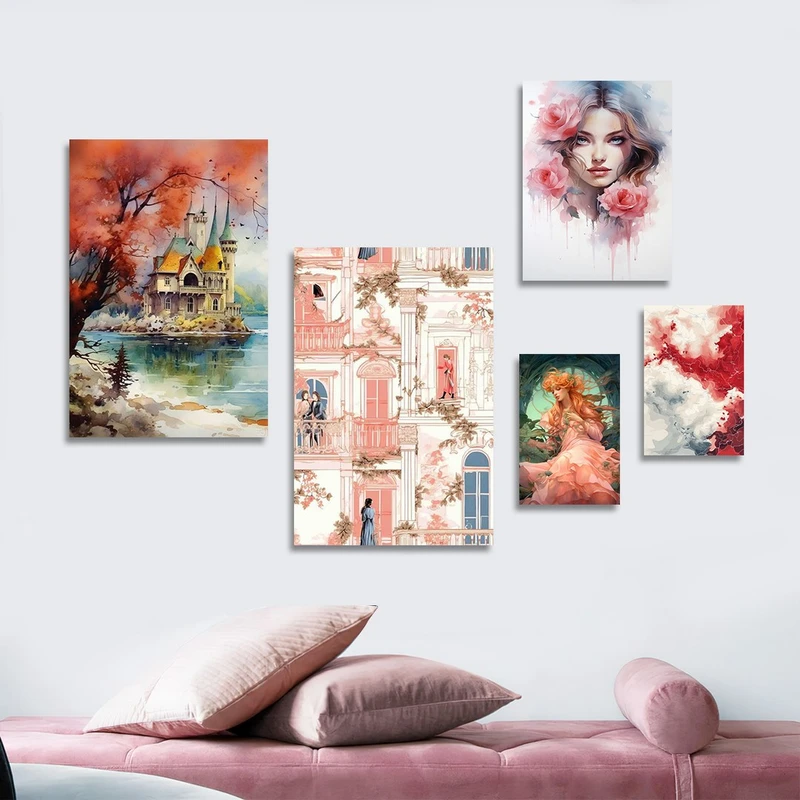 تابلو شاسی بکلیت طرح نقاشی آبرنگی خانه پاییزی مدل SH-1295 مجموعه 5 عددی