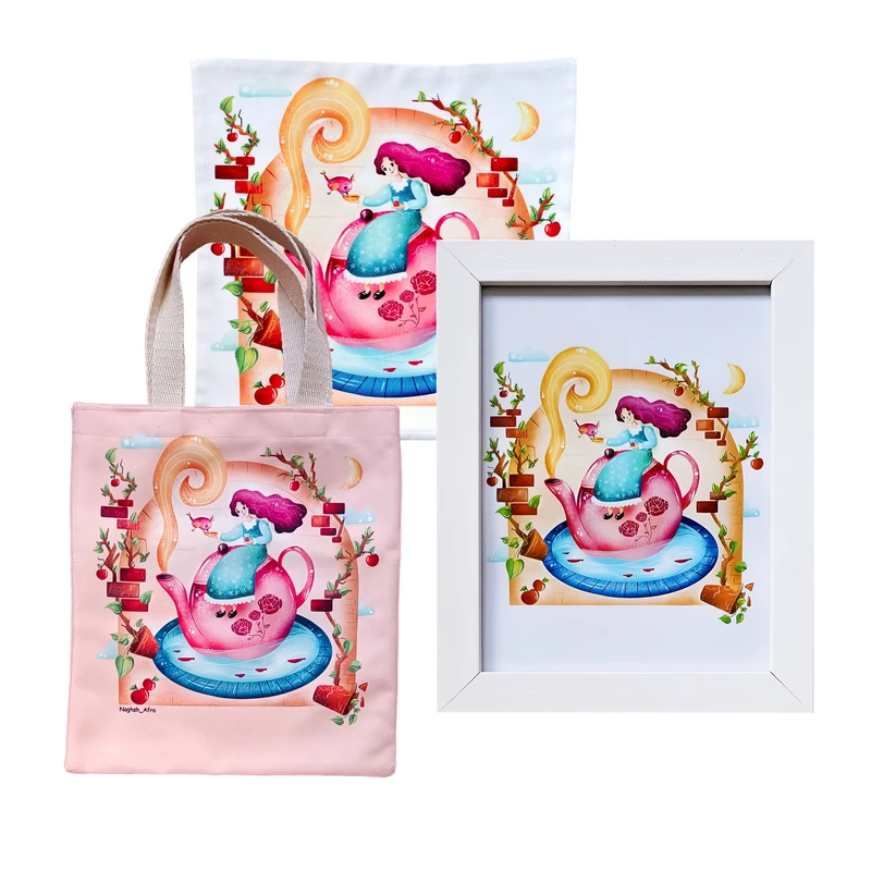 تابلو نقش افرا مدل چای دخت فریم سفید کد PA3-CD-4040 به همراه کاور کوسن و توت بگ