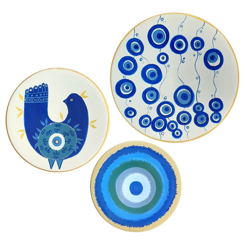 بشقاب دیوارکوب سفالی طرح چشم نظر کد 184 مجموعه 3 عددی