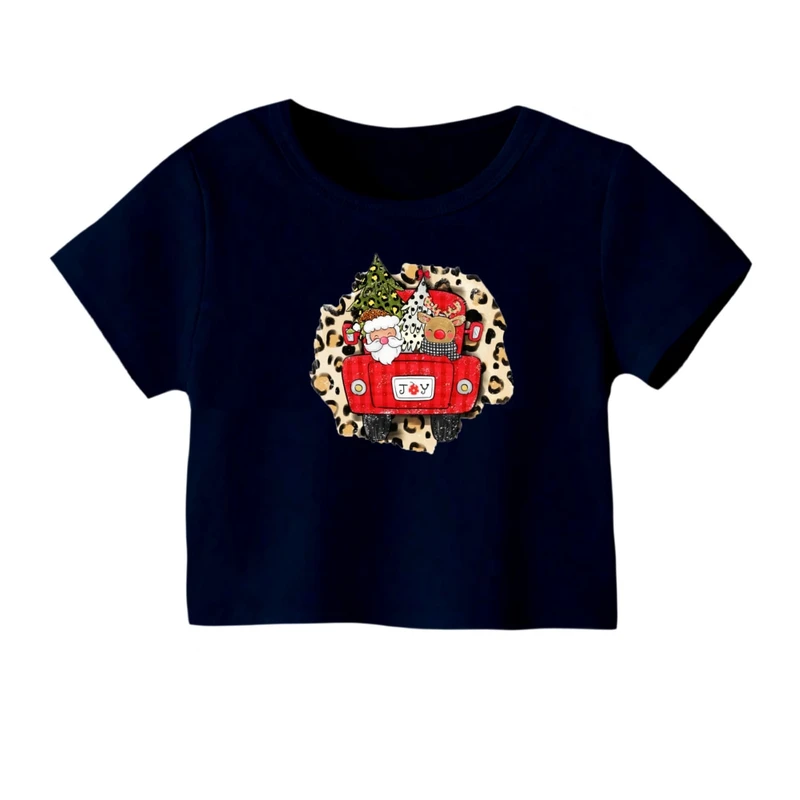 کراپ‌ تی‌شرت آستین کوتاه زنانه مدل بابانوئل و گوزن کریسمس کد 3