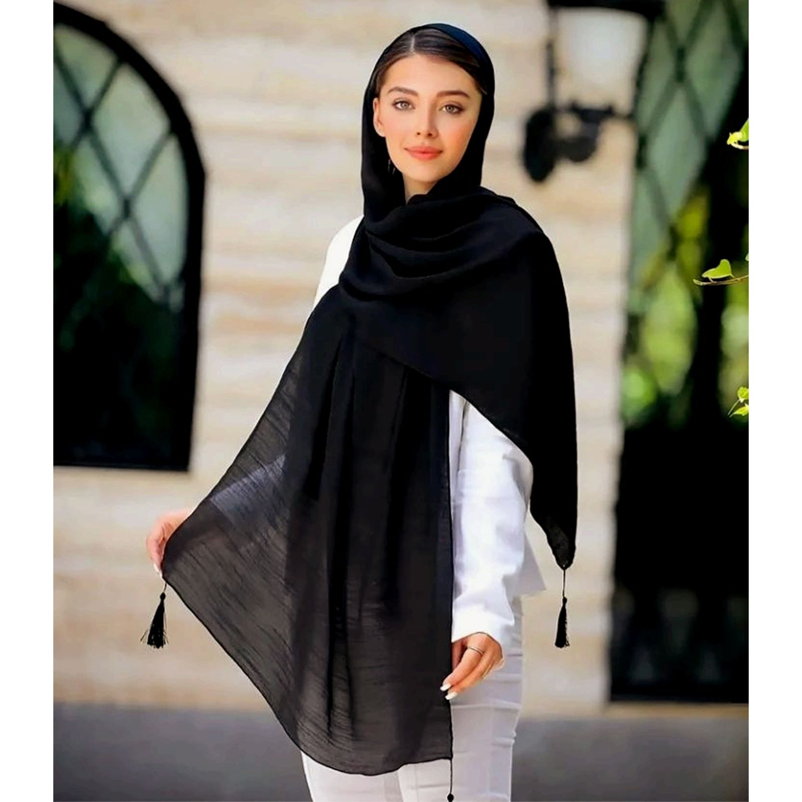شال زنانه مدل ساده بهاره منگوله دار کد b-2086 -  - 2