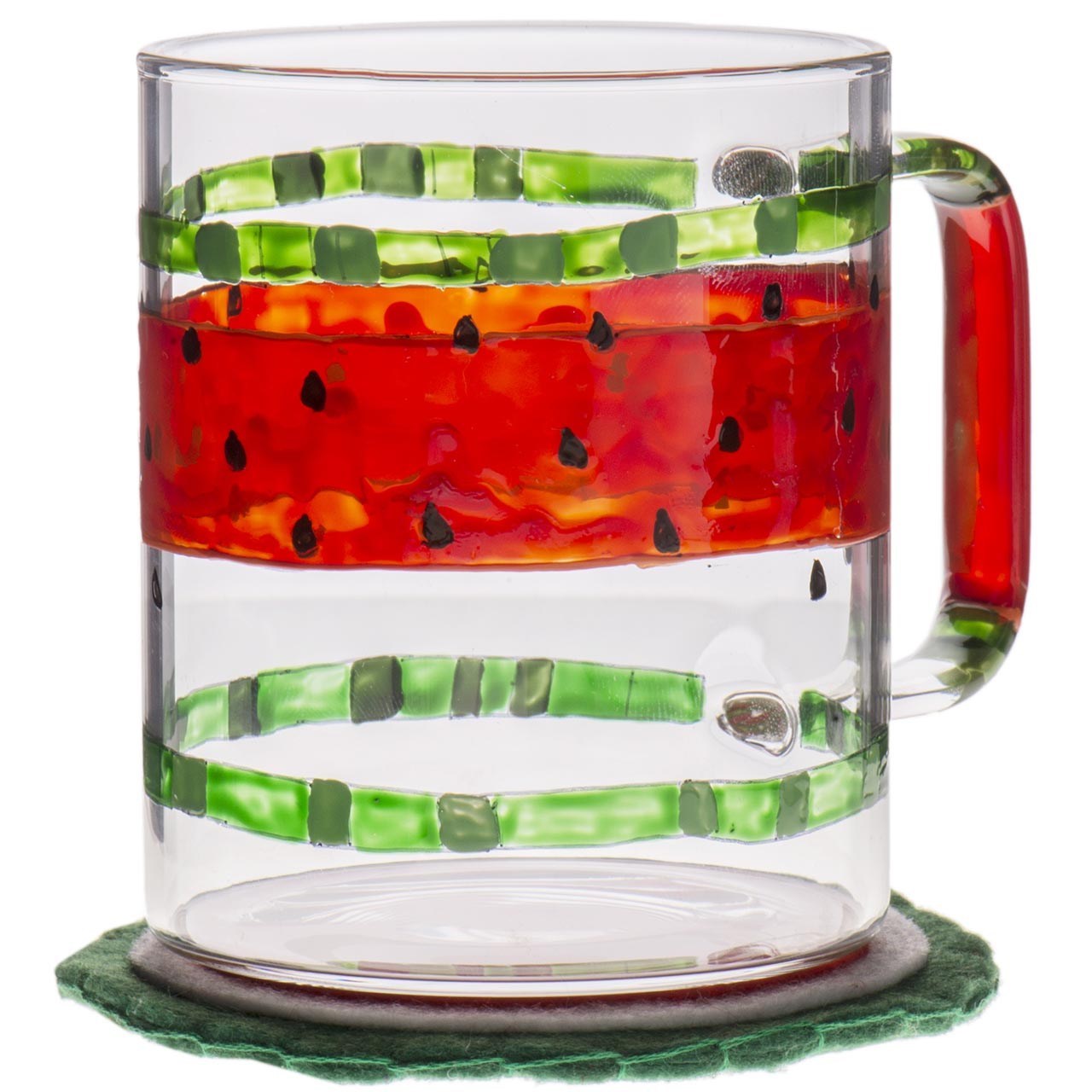 لیوان شیشه ای گالری مثالین با زیر لیوانی نمدی طرح هندوانه