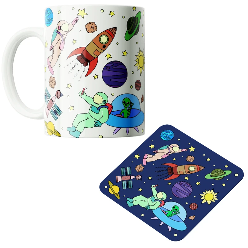 ماگ پاد آفرین مدل فضانورد سیاره منظومه شمسی موشک آدم فضایی کد PZ201 به همراه زیرلیوانی