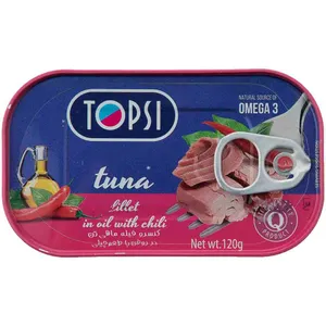  کنسرو ماهی فیله تون در روغن با طعم فلفل قرمز تاپسی -120 گرم