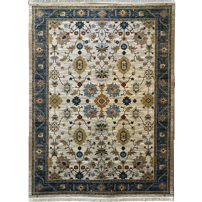 فرش ماشینی 700 شانه لک لک  زمینه کرم حاشیه سرمه ای مدل 2215