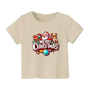 تی شرت آستین کوتاه بچگانه مدل بابانوئل و گوزن کریسمس کد 9 رنگ کرم