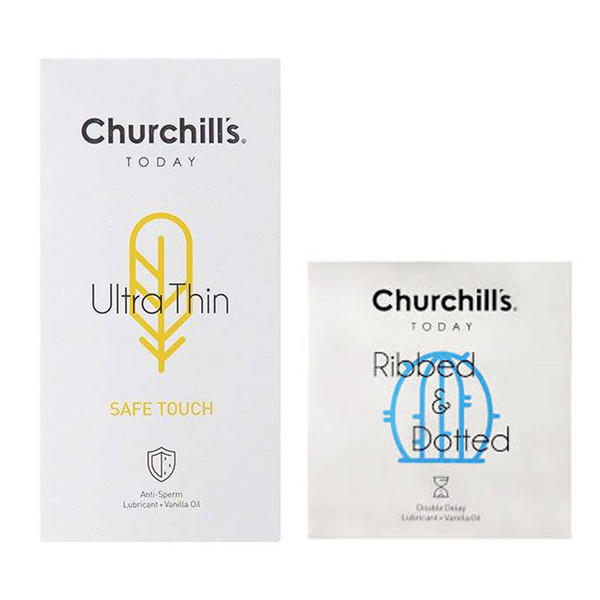 کاندوم چرچیلز مدل Safe Touch بسته 12 عددی به همراه کاندوم چرچیلز مدل شیاردار و خاردار بسته 3 عددی