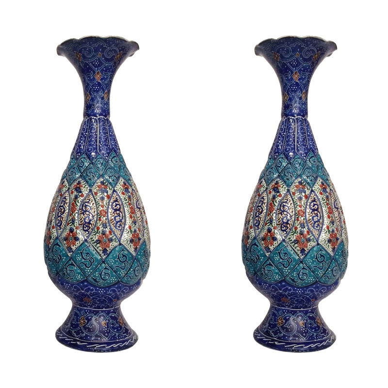 گلدان مسی میناکاری طرح اسلیمی خطائی ۲۰ سانتی متر بسته ۲عددی