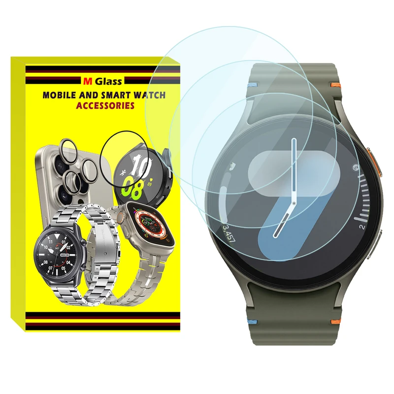 محافظ صفحه نمایش شیشه‌ای ام‌گلس مدل Glass-MG مناسب برای ساعت هوشمند سامسونگ Galaxy Watch 7 44mm بسته سه عددی