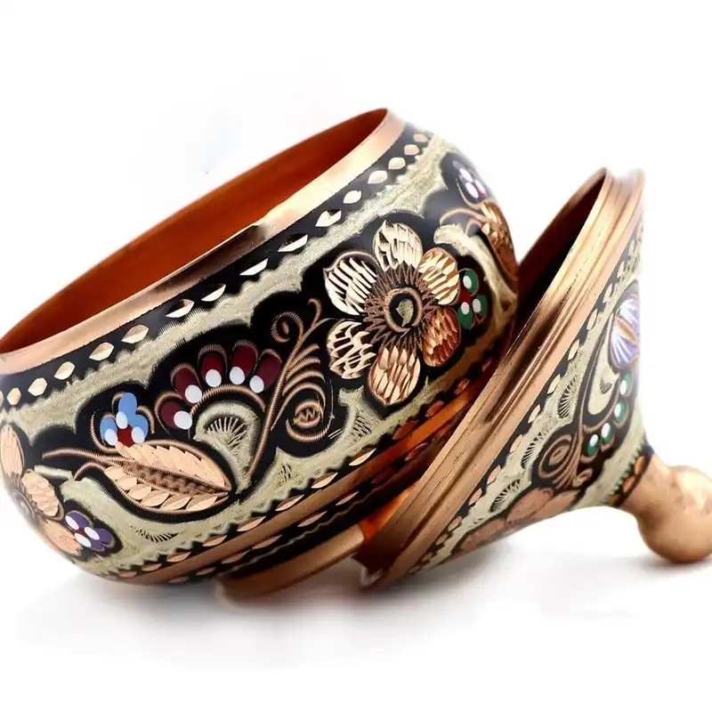 قندان میناکاری مسی طرح  شکم دار درب دار کد 187