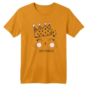 تی شرت آستین کوتاه بچگانه مدل گربه و تاج رنگ پرتقالی