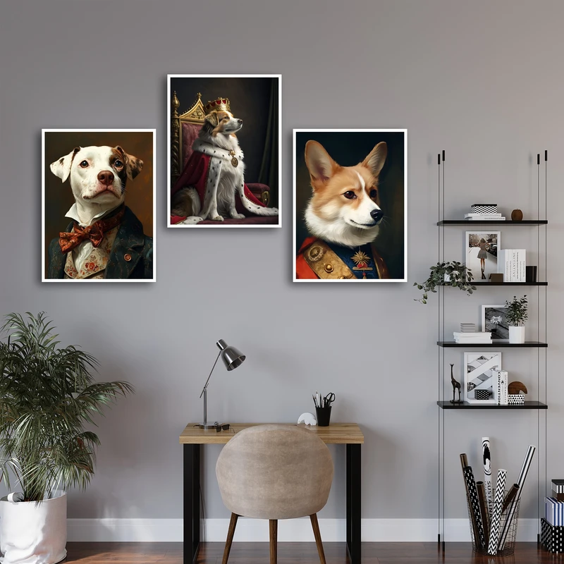 تابلو بکلیت طرح دکوراتیو سگ اشرافی کد W-MR-1096 فریم سفید مجموعه 3 عددی