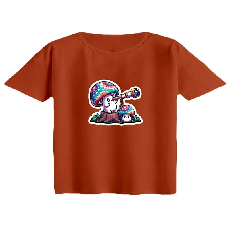 کراپ تی‌شرت آستین کوتاه زنانه مدل قارچ رنگی کد 01 رنگ آجری تیره