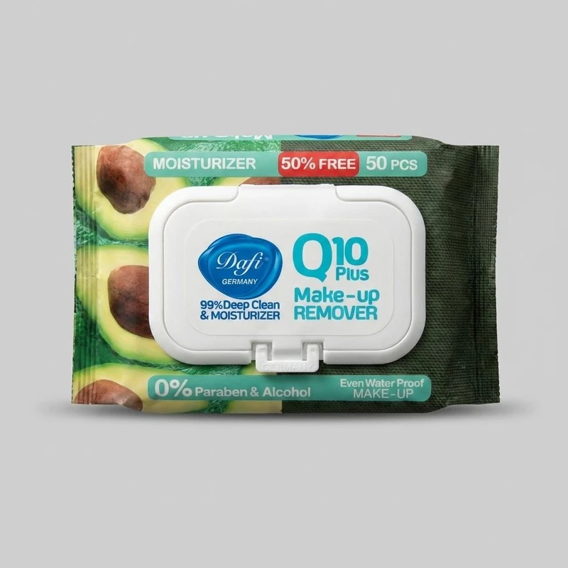 دستمال مرطوب پاک کننده آرایش دافی مدل Q10 PLUS بسته 50 عددی